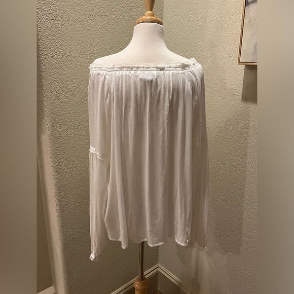 Miou Muse White Peasant Top Blouse Drawstring Neck L NEW - Picture 4 of 7
